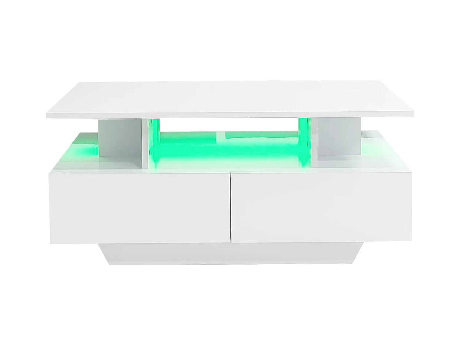 Tavolino 90x55 cm con LED, cassetto e ripiano, superficie laccata bianca