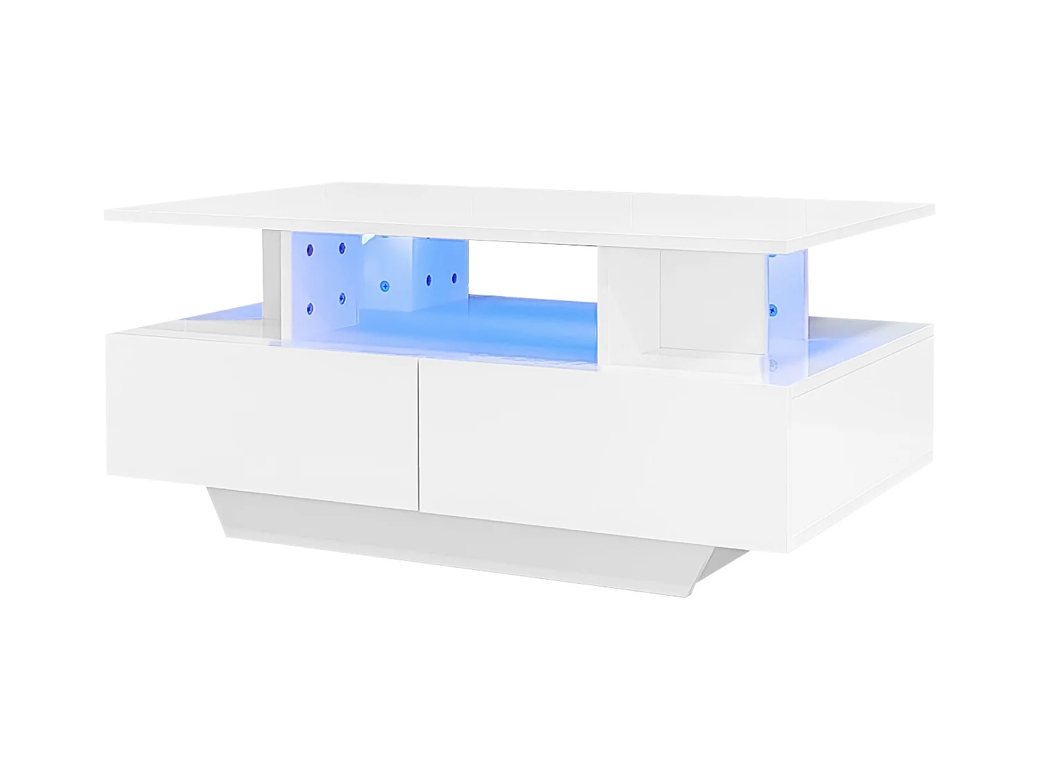 Tavolino 90x55 cm con LED, cassetto e ripiano, superficie laccata bianca