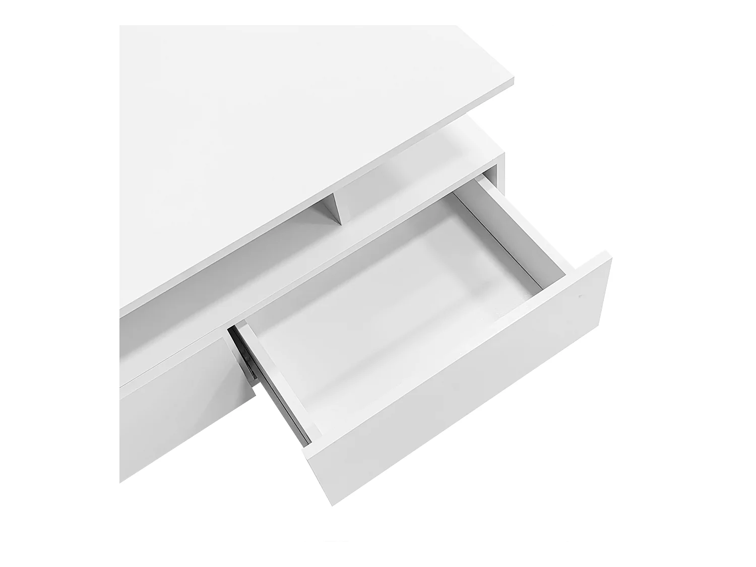 Tavolino 90x55 cm con LED, cassetto e ripiano, superficie laccata bianca