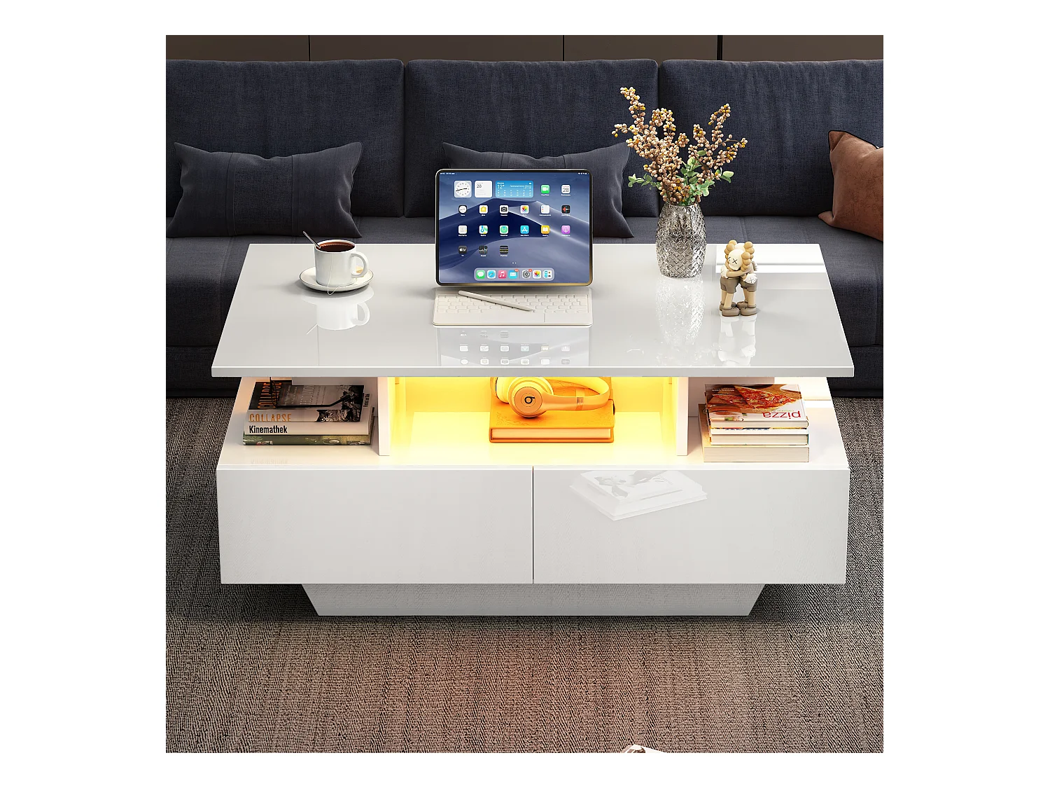 Table basse 90x55 cm avec LED, tiroir et Etagère ,surface blanc laqué