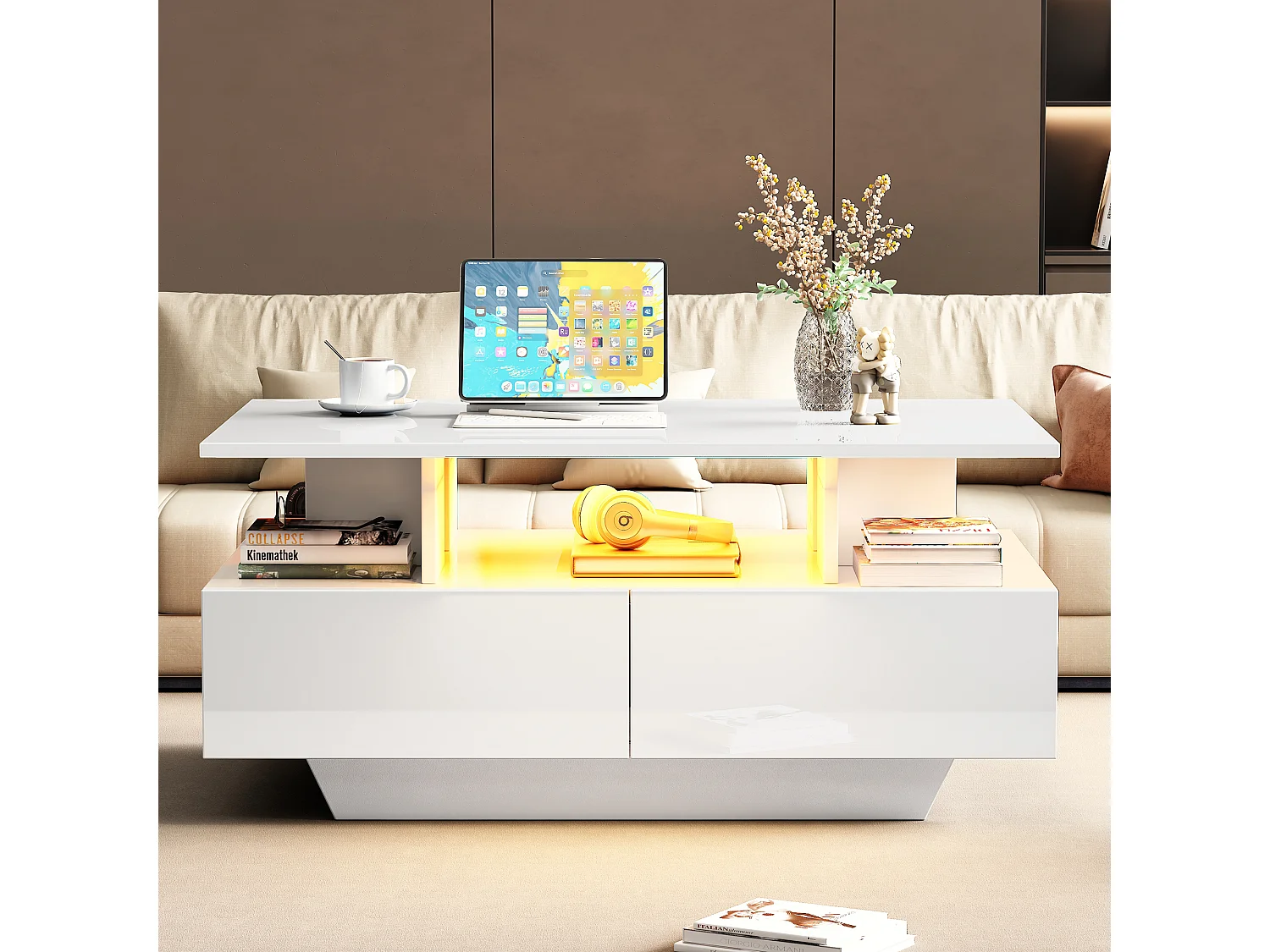 Table basse 90x55 cm avec LED, tiroir et Etagère ,surface blanc laqué