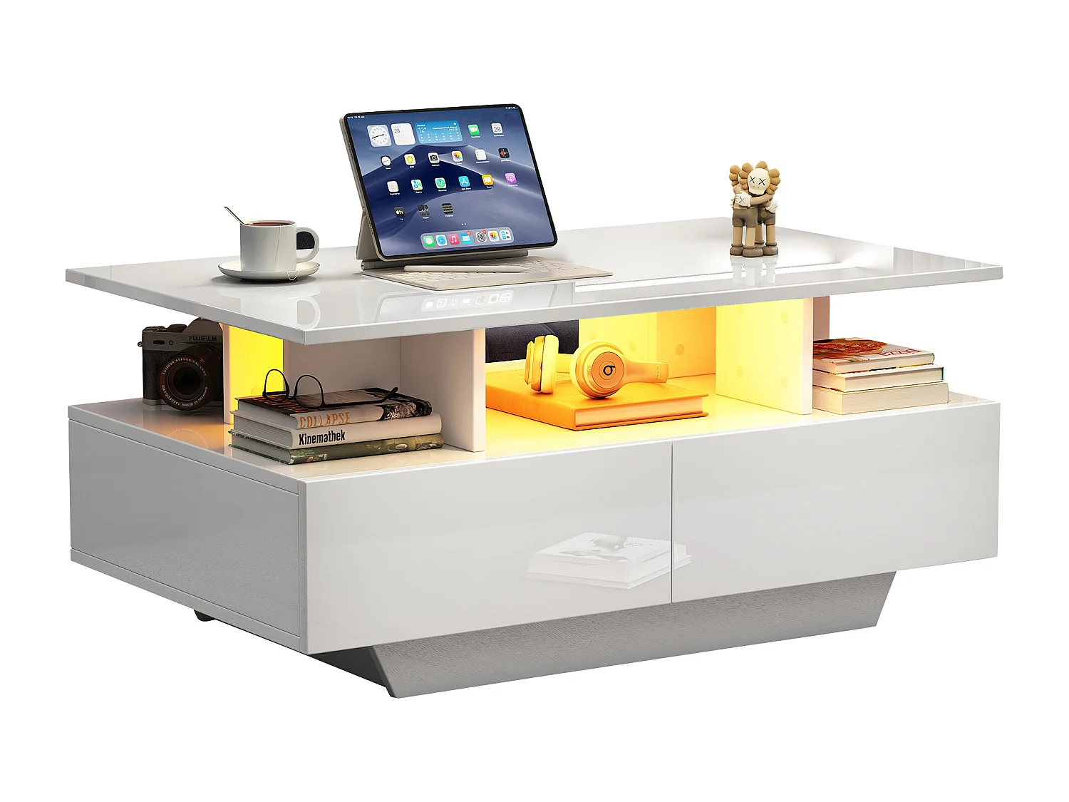 Table basse 90x55 cm avec LED, tiroir et Etagère ,surface blanc laqué