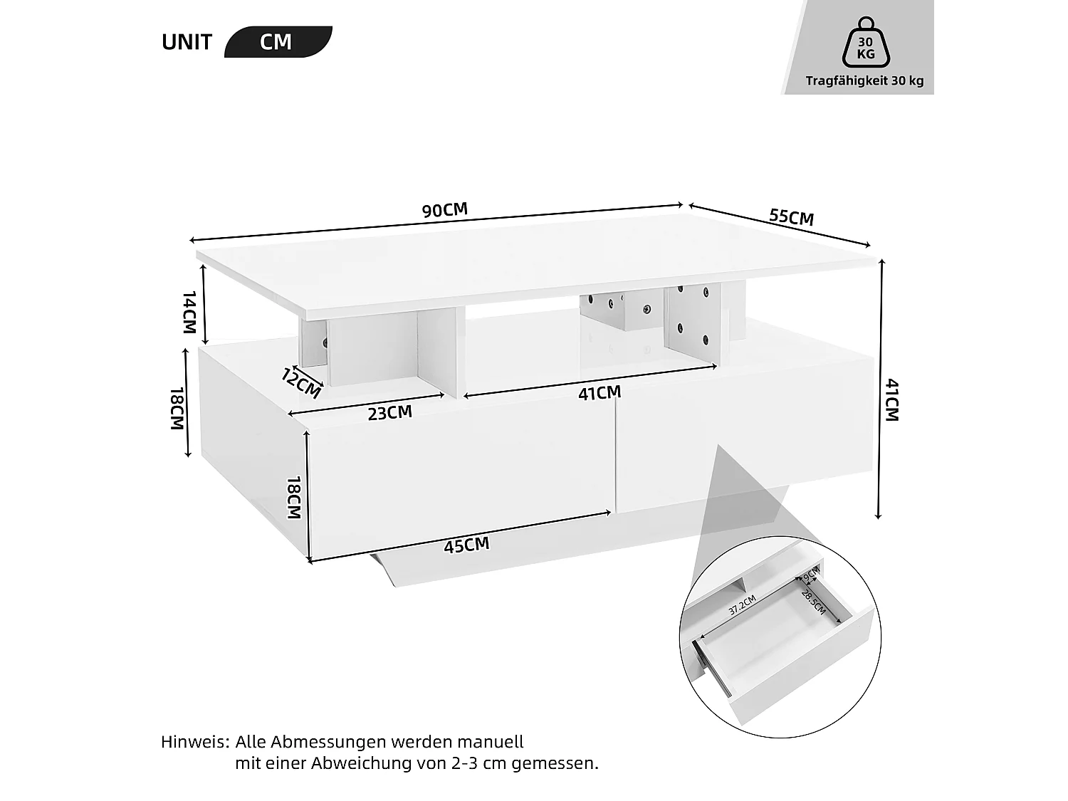Table basse 90x55 cm avec LED, tiroir et Etagère ,surface blanc laqué