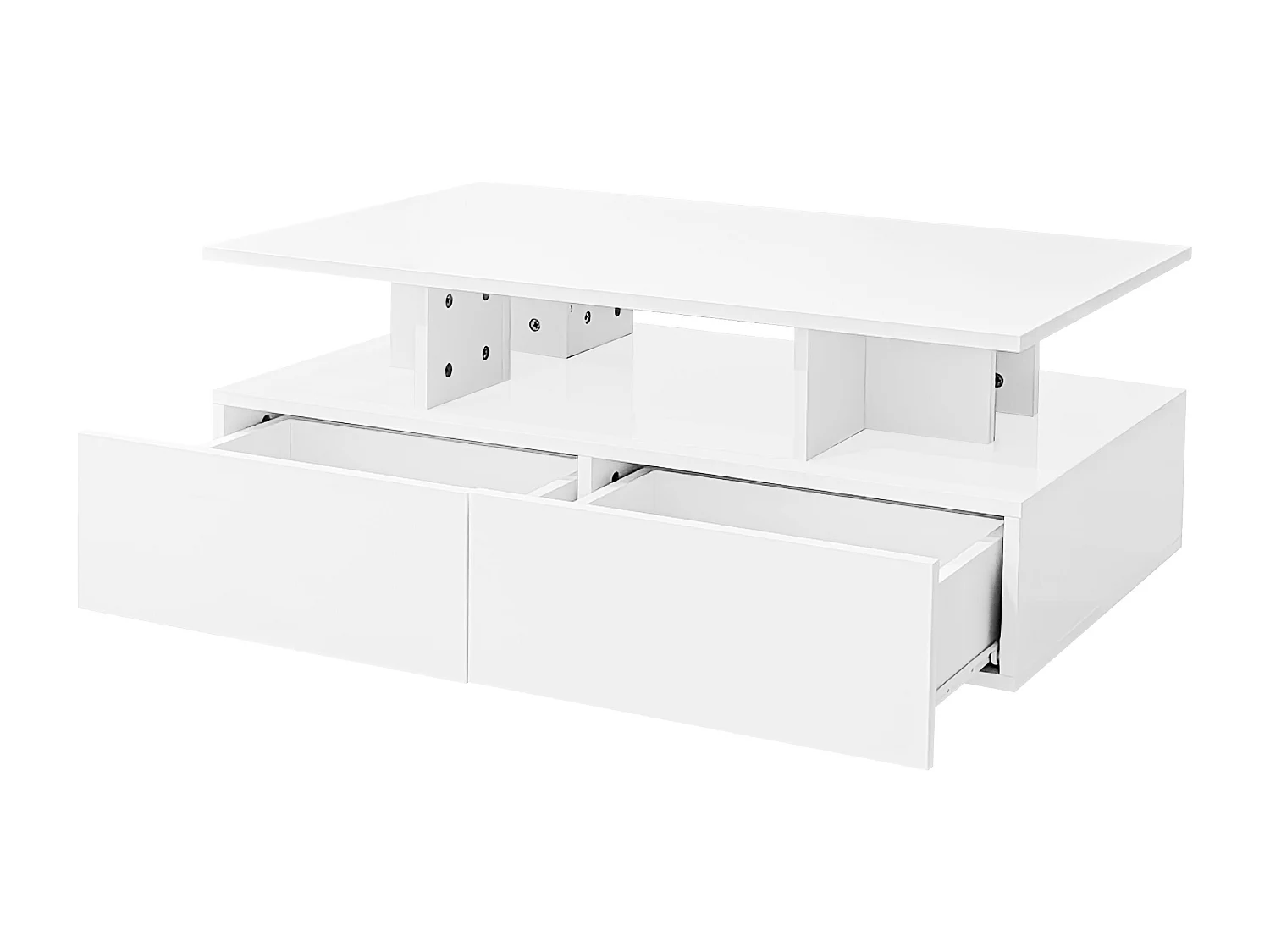 Table basse 90x55 cm avec LED, tiroir et Etagère ,surface blanc laqué