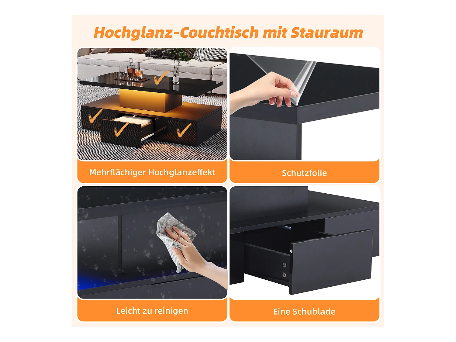 Table basse à 2 niveaux - 100 x 50 x 39 cm - avec Leds 16 couleurs + étagère ouverte et 1 tiroir - aggloméré - noire