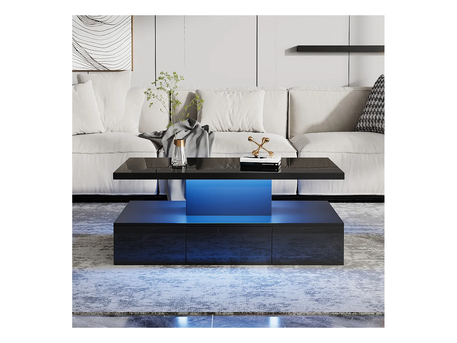 Stolik kawowy 2-poziomowy - 100 x 50 x 39 cm - z 16 kolorowymi diodami LED + otwarta półka i 1 szuflada - płyta wiórowa - czarny