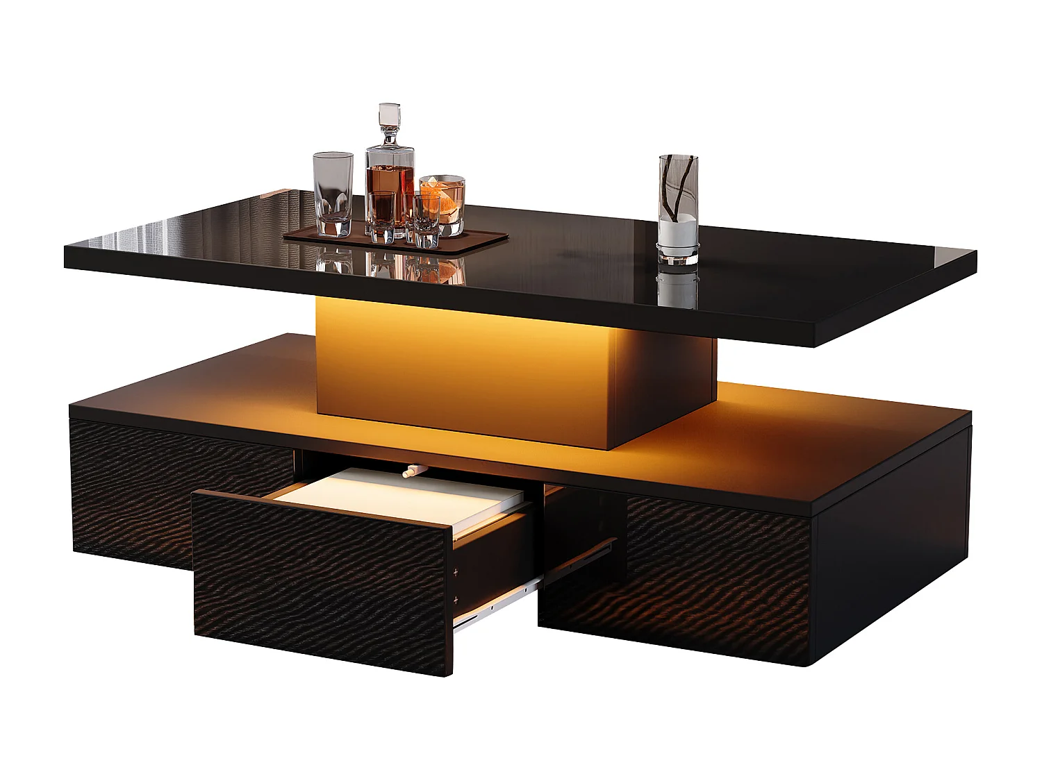 Tavolino da caffè a 2 ripiani - 100 x 50 x 39 cm - con LED a 16 colori + ripiano aperto e 1 cassetto - truciolato - nero