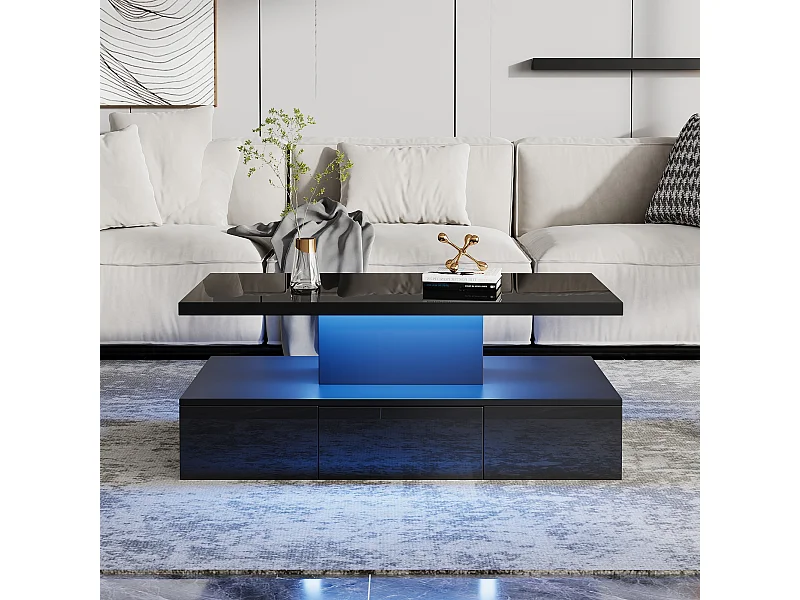 Table basse à 2 niveaux - 100 x 50 x 39 cm - avec Leds 16 couleurs + étagère ouverte et 1 tiroir - aggloméré - noire