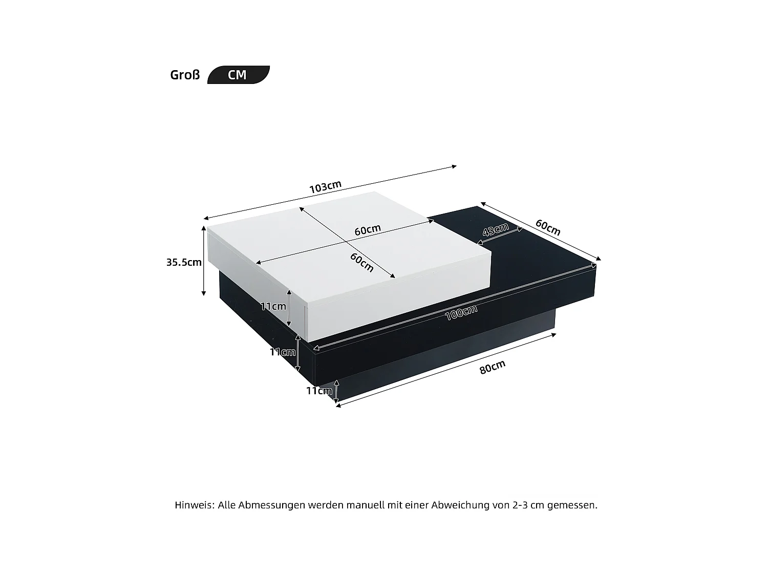 Drehbarer Couchtisch - 103 x 60 x 35,5 - doppelschichtiger Mitteltisch - Spanplatte - schwarz