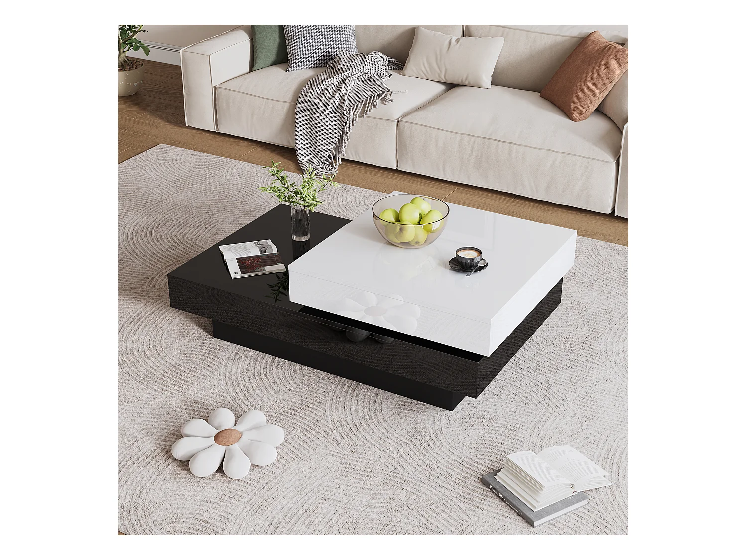 Drehbarer Couchtisch - 103 x 60 x 35,5 - doppelschichtiger Mitteltisch - Spanplatte - schwarz