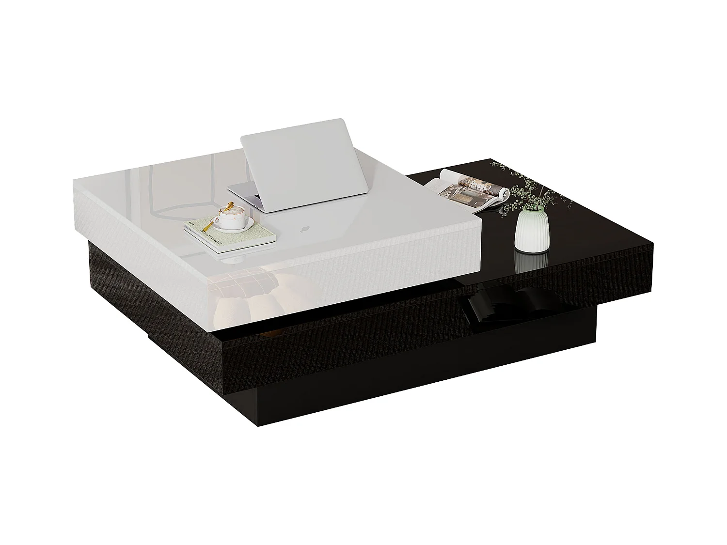 Drehbarer Couchtisch - 103 x 60 x 35,5 - doppelschichtiger Mitteltisch - Spanplatte - schwarz