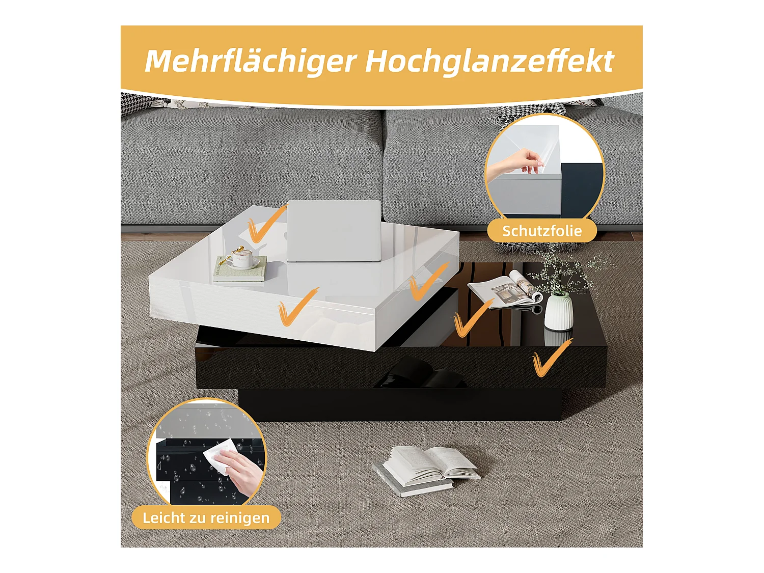 Drehbarer Couchtisch - 103 x 60 x 35,5 - doppelschichtiger Mitteltisch - Spanplatte - schwarz