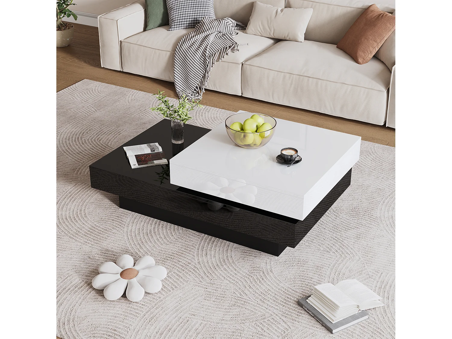 Tavolino girevole - 103 x 60 x 35,5 - tavolino centrale a doppio strato - truciolato - nero