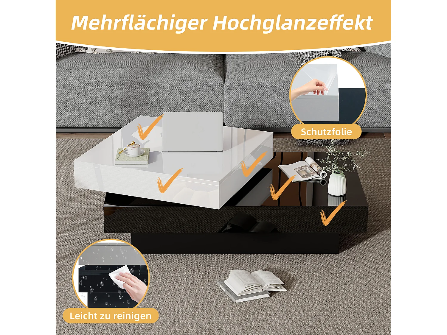 Tavolino girevole - 103 x 60 x 35,5 - tavolino centrale a doppio strato - truciolato - nero