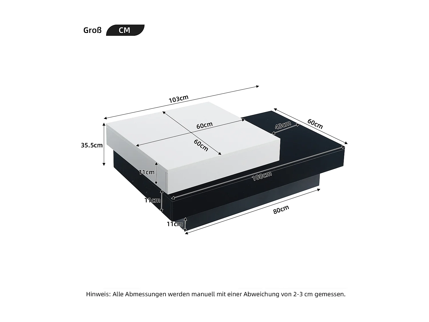 Tavolino girevole - 103 x 60 x 35,5 - tavolino centrale a doppio strato - truciolato - nero