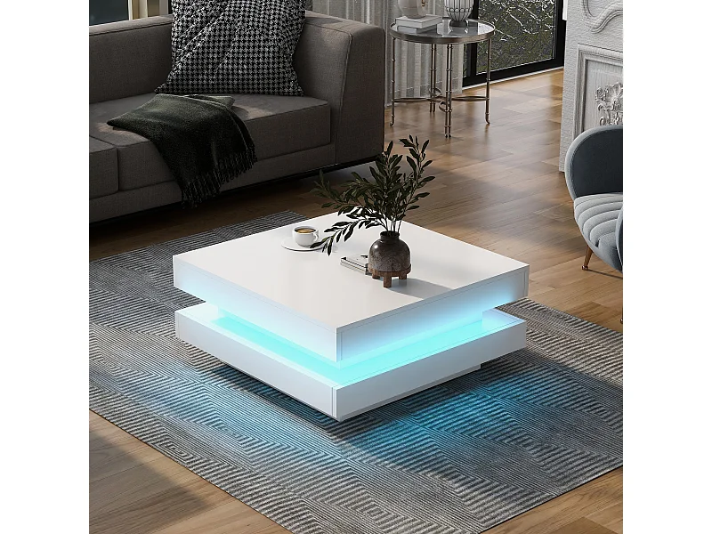 Table basse carrée - 70 x 70 x 36 cm - avec Leds 16 couleurs - aggloméré - blanc