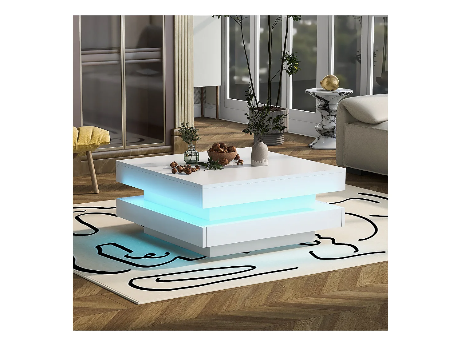 Table basse carrée - 70 x 70 x 36 cm - avec Leds 16 couleurs - aggloméré - blanc
