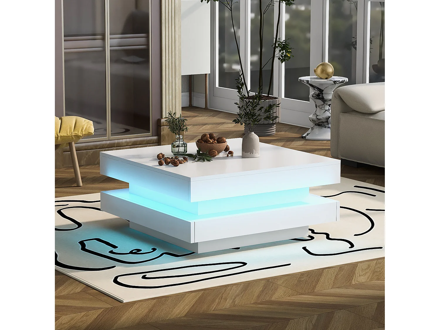 Quadratischer Couchtisch - 70 x 70 x 36 cm - mit 16-Farben-LEDs - Spanplatte - weiß