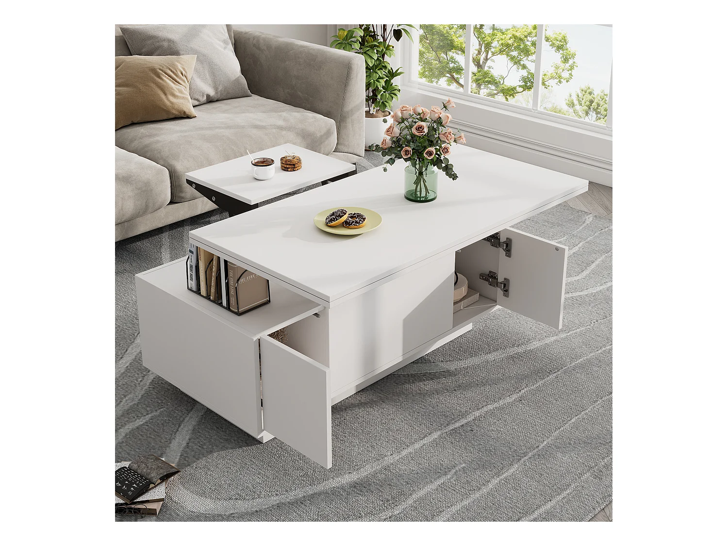Table basse moderne relevable - 100 x 50 x 55.5 cm - avec espace de rangement caché - aggloméré - blanc