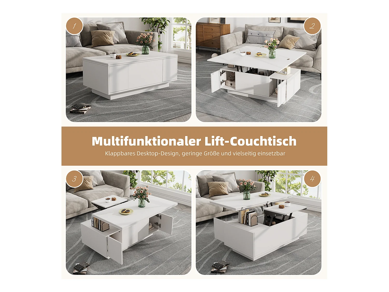 Table basse moderne relevable - 100 x 50 x 55.5 cm - avec espace de rangement caché - aggloméré - blanc