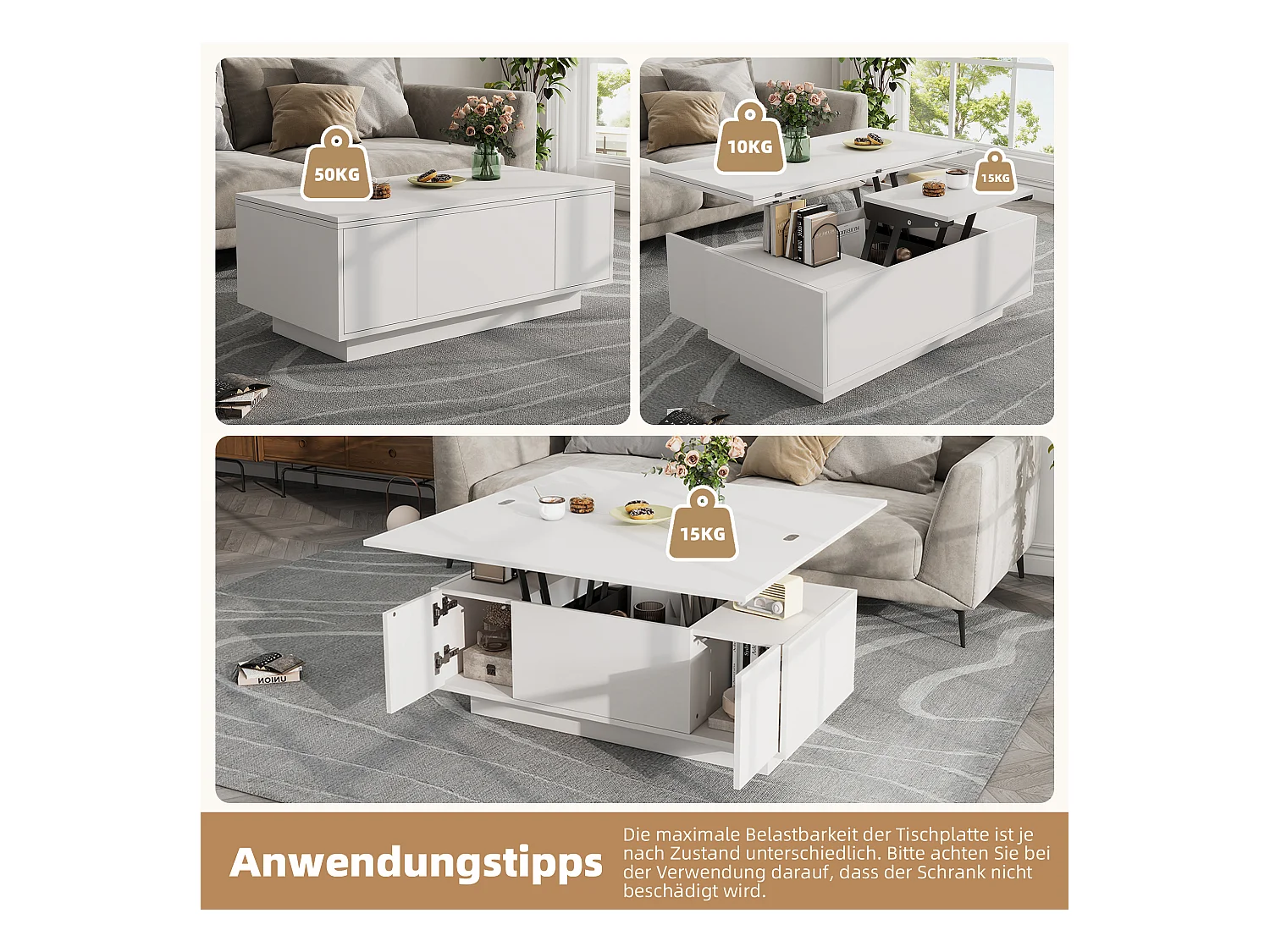 Table basse moderne relevable - 100 x 50 x 55.5 cm - avec espace de rangement caché - aggloméré - blanc