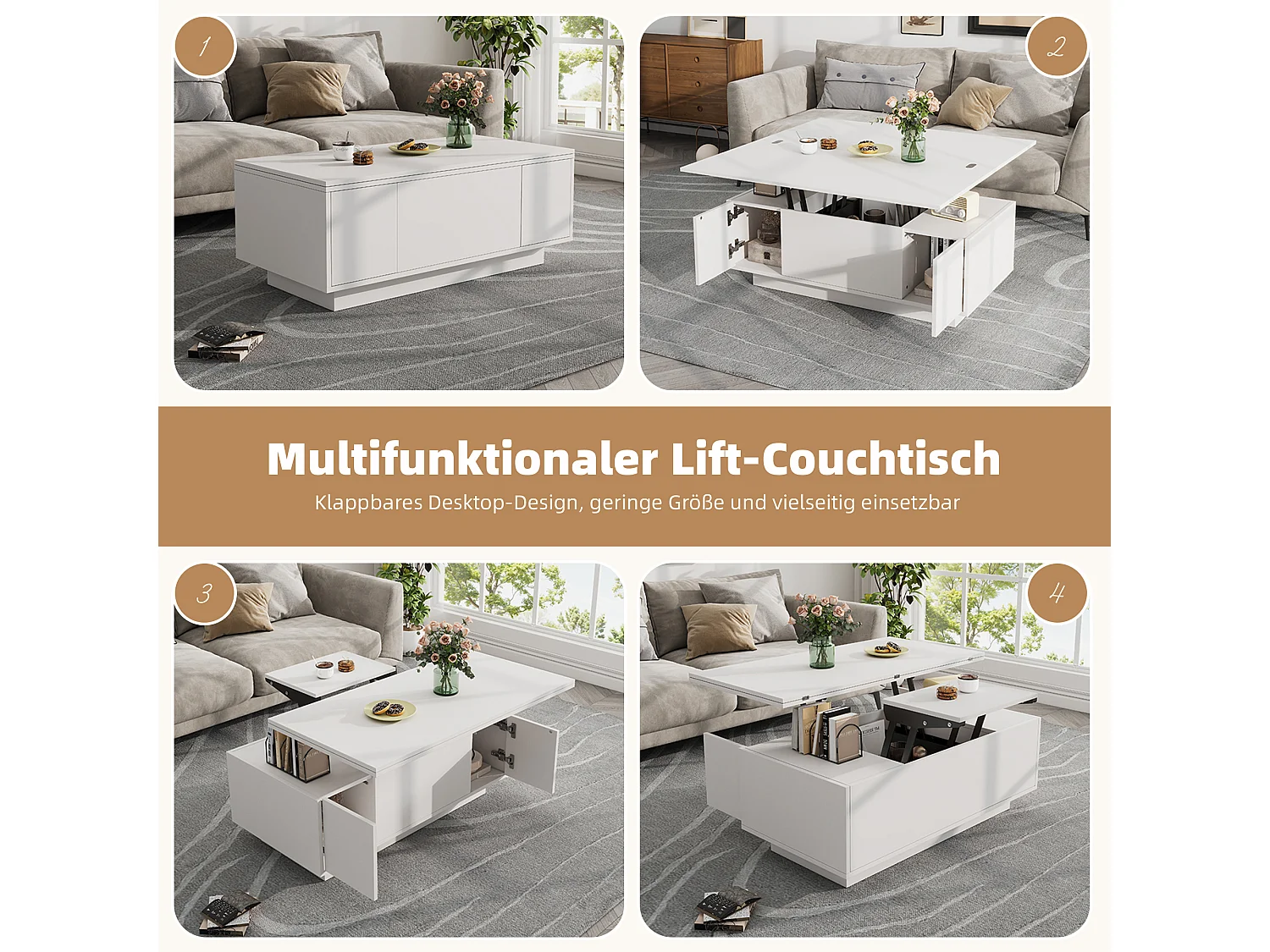 Table basse moderne relevable - 100 x 50 x 55.5 cm - avec espace de rangement caché - aggloméré - blanc