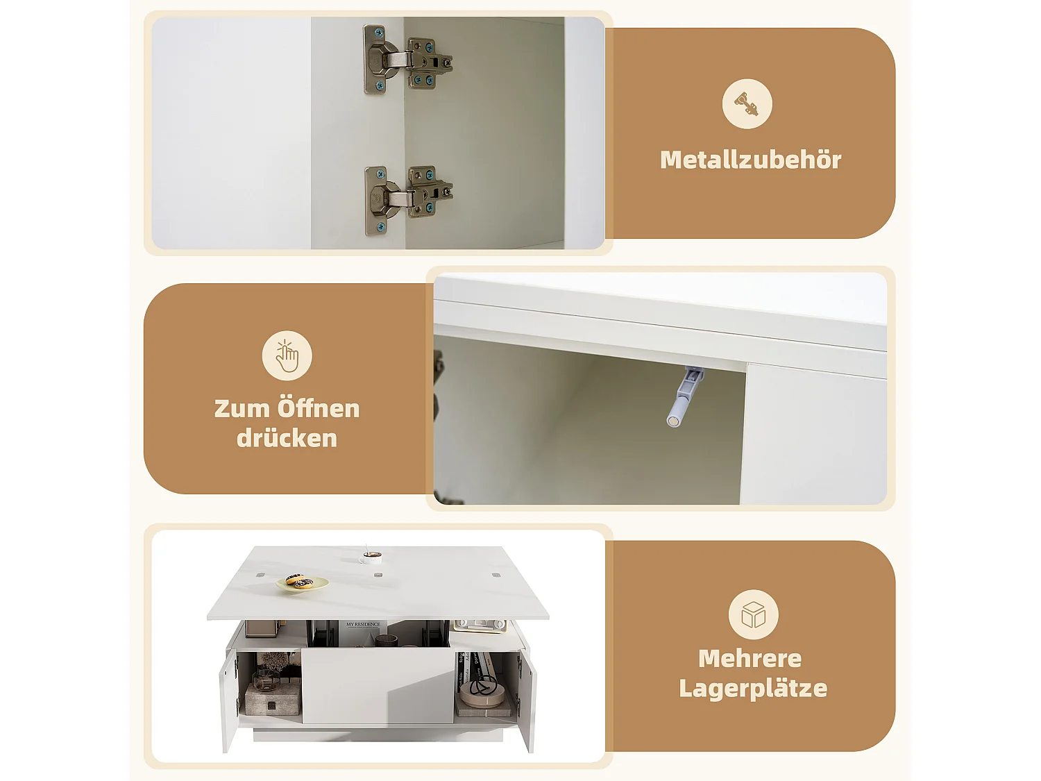 Table basse moderne relevable - 100 x 50 x 55.5 cm - avec espace de rangement caché - aggloméré - blanc