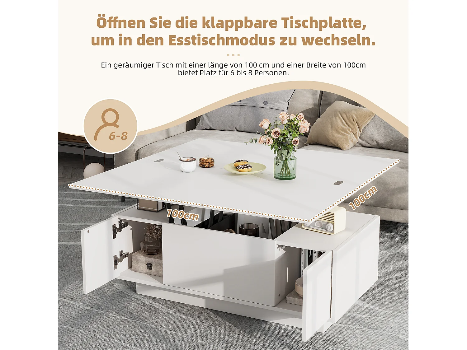 Table basse moderne relevable - 100 x 50 x 55.5 cm - avec espace de rangement caché - aggloméré - blanc