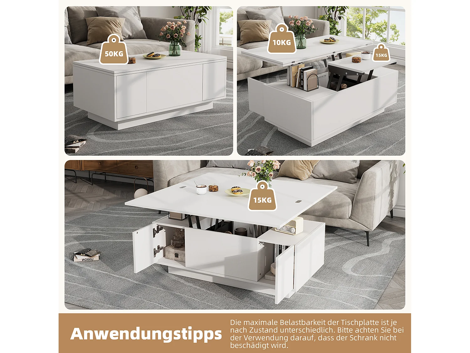 Table basse moderne relevable - 100 x 50 x 55.5 cm - avec espace de rangement caché - aggloméré - blanc