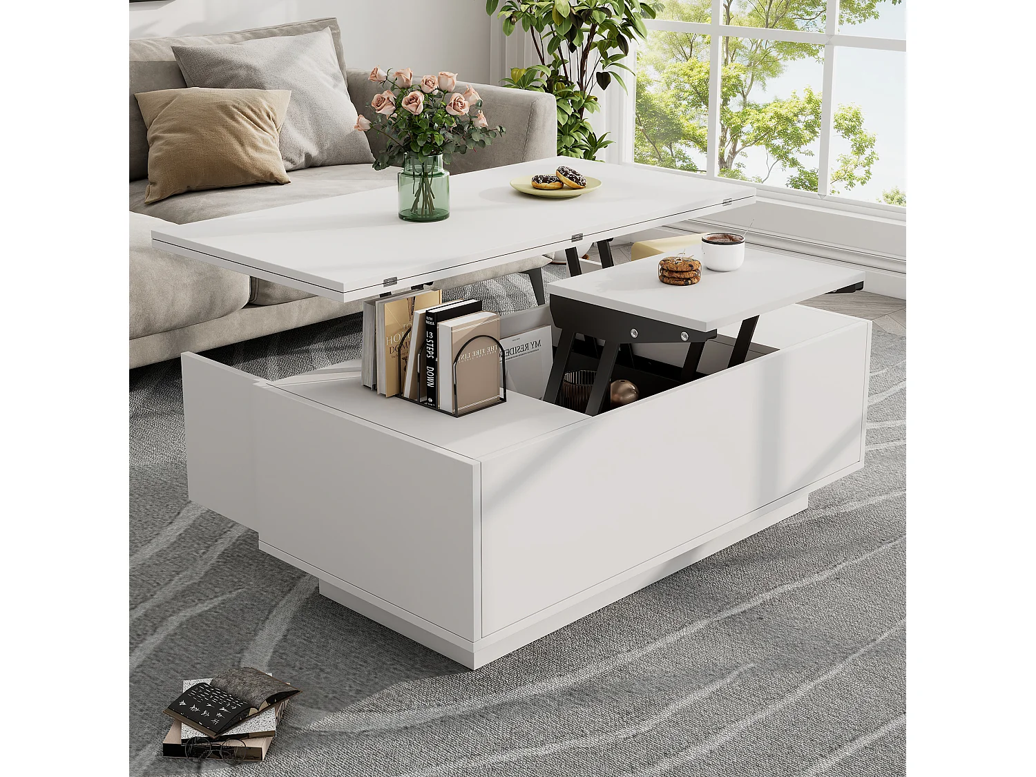 Table basse moderne relevable - 100 x 50 x 55.5 cm - avec espace de rangement caché - aggloméré - blanc