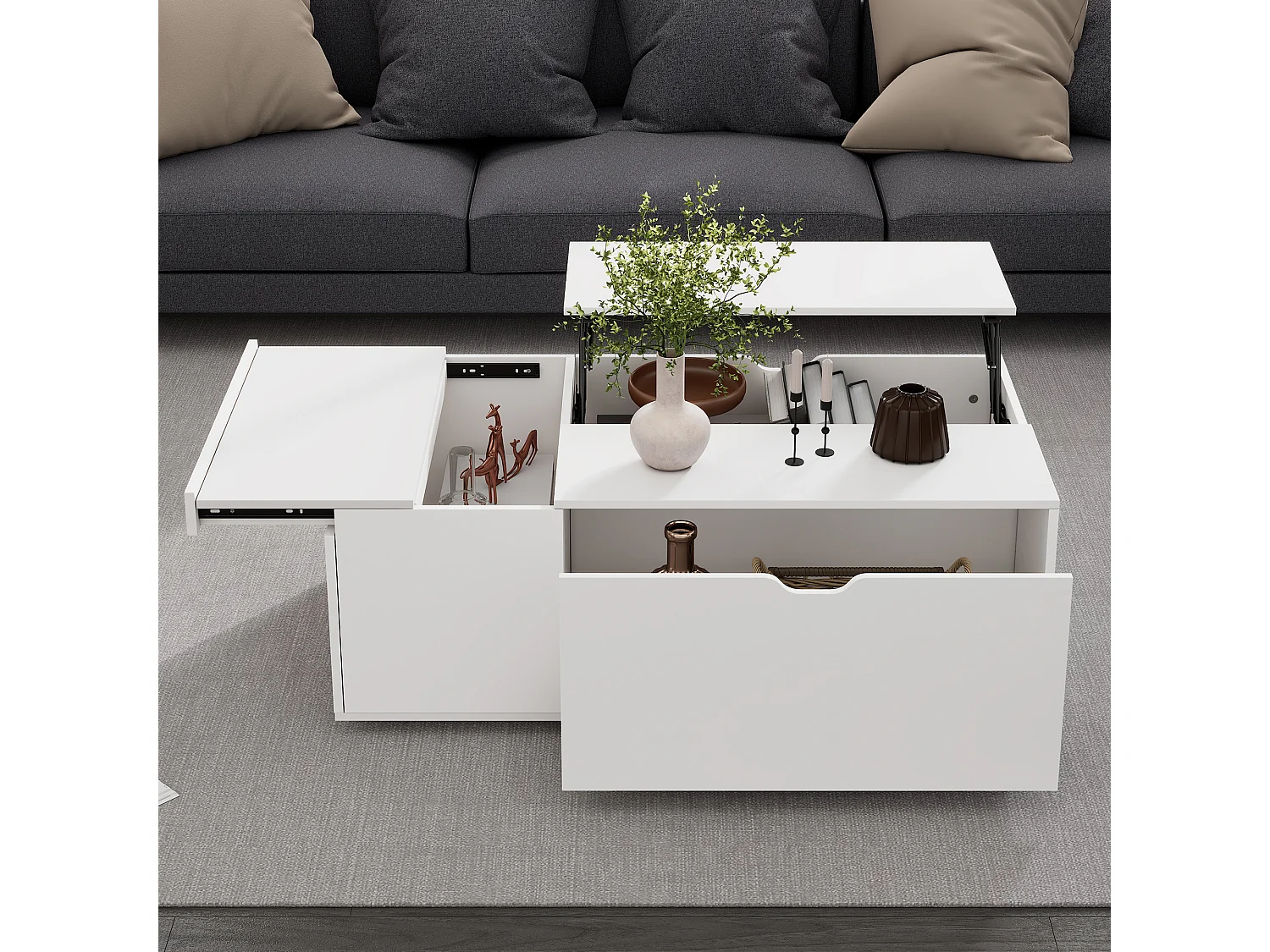 Table basse relevable - 117 x 65 x 45 - avec tiroirs et portes coulissantes - espace flexible - aggloméré - blanc