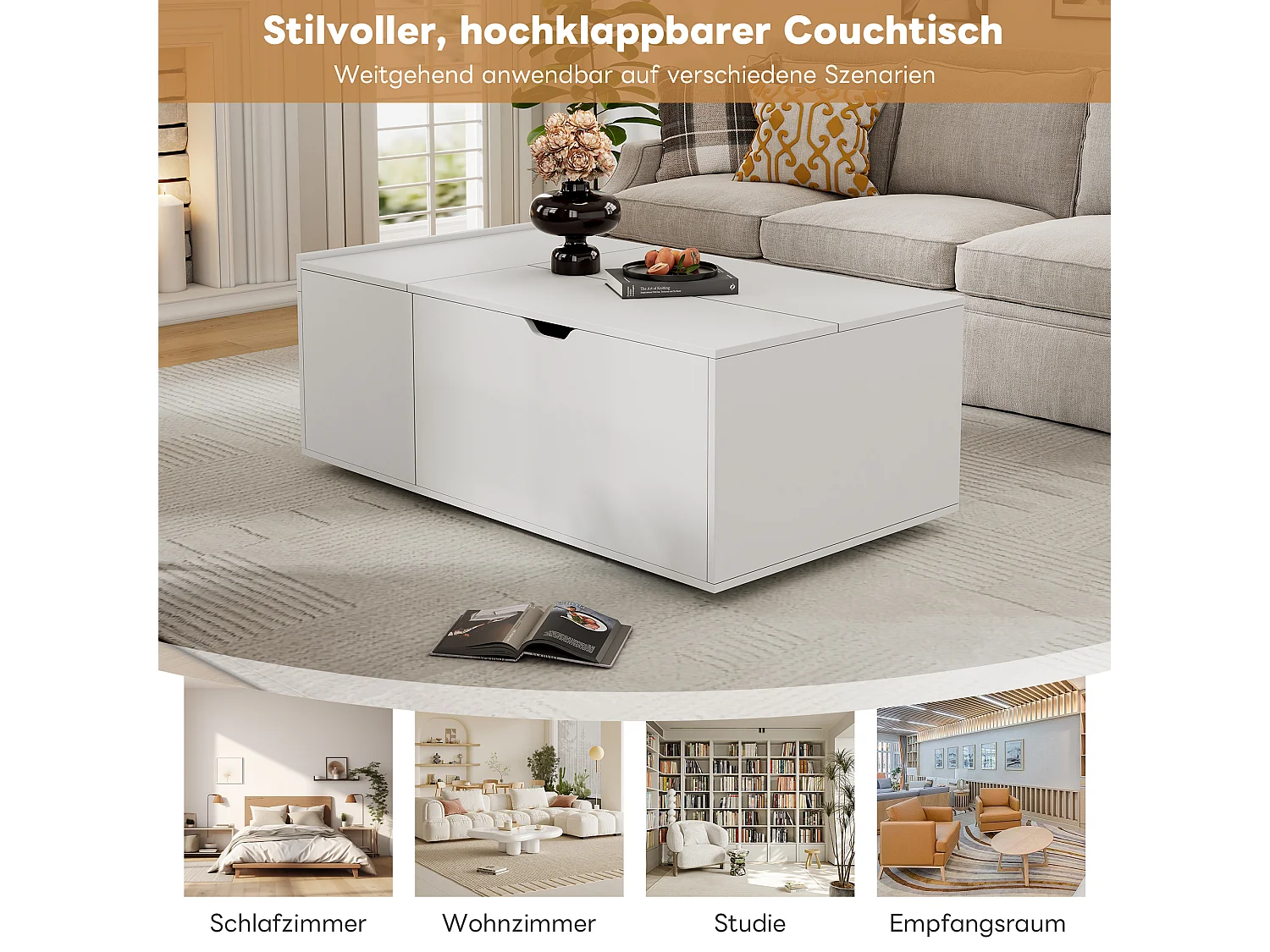 Table basse relevable - 117 x 65 x 45 - avec tiroirs et portes coulissantes - espace flexible - aggloméré - blanc