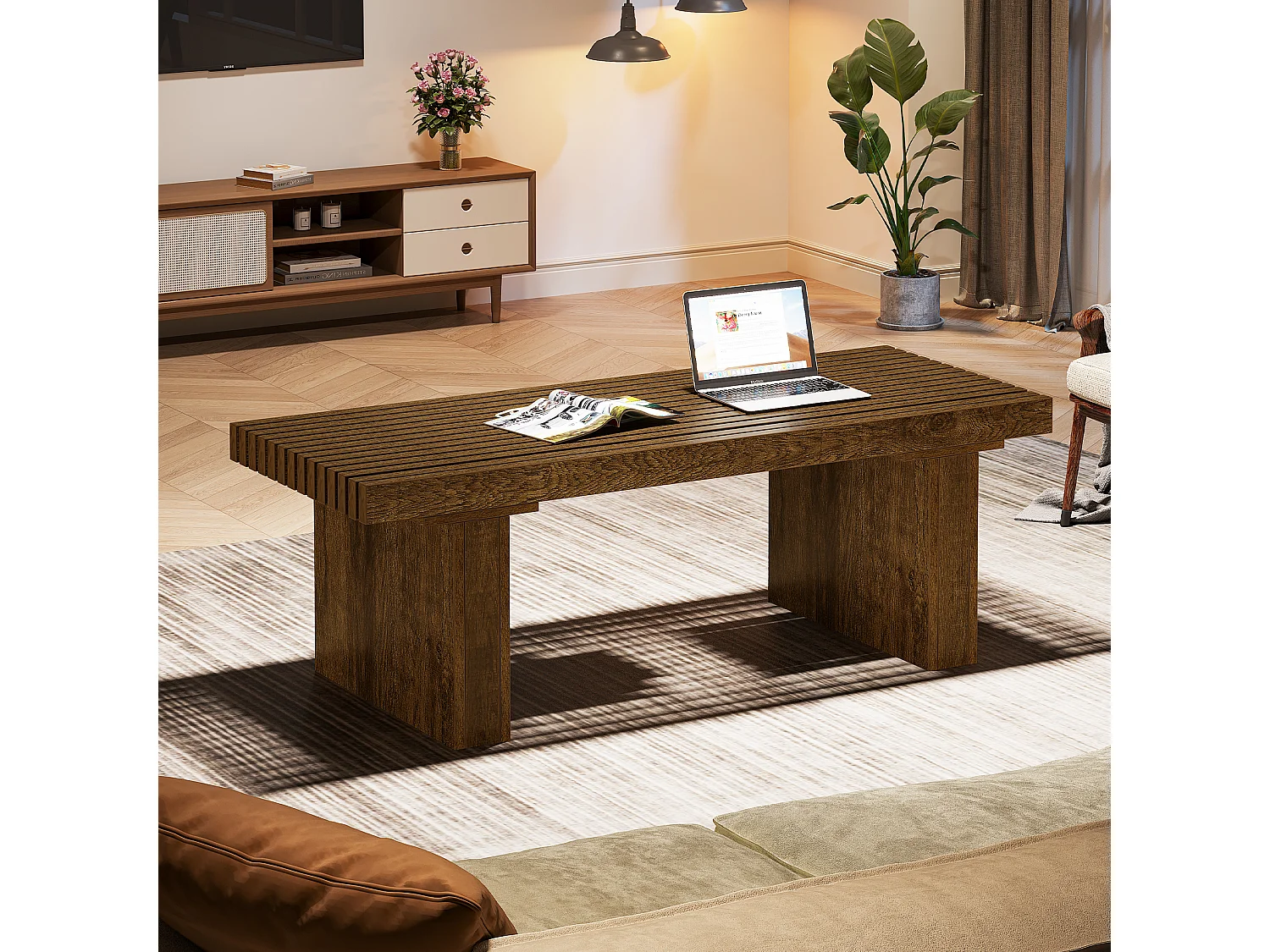 Table Basse Rectangulaire, 120 cm Grande Table Basse Moderne en Bois, Table de Cocktail pour Salon, Ferme, Table Centrale, Marron