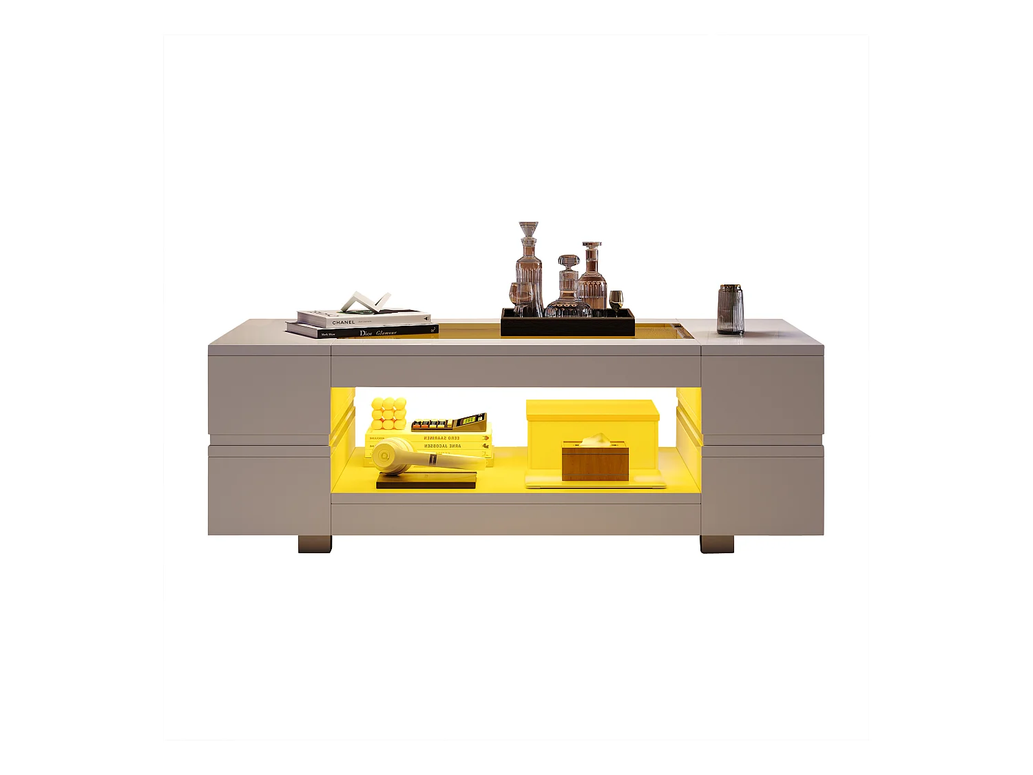 Table basse avec Leds - 100 x 50 x 35 cm - Table à double couche avec Bluetooth - Aggloméré + verre trempé - blanc