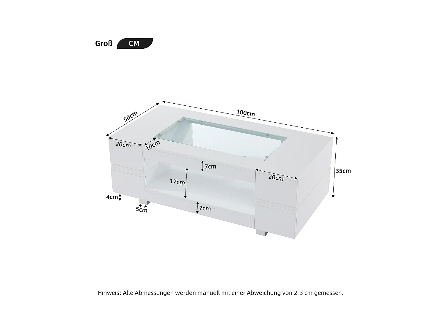 Table basse avec Leds - 100 x 50 x 35 cm - Table à double couche avec Bluetooth - Aggloméré + verre trempé - blanc