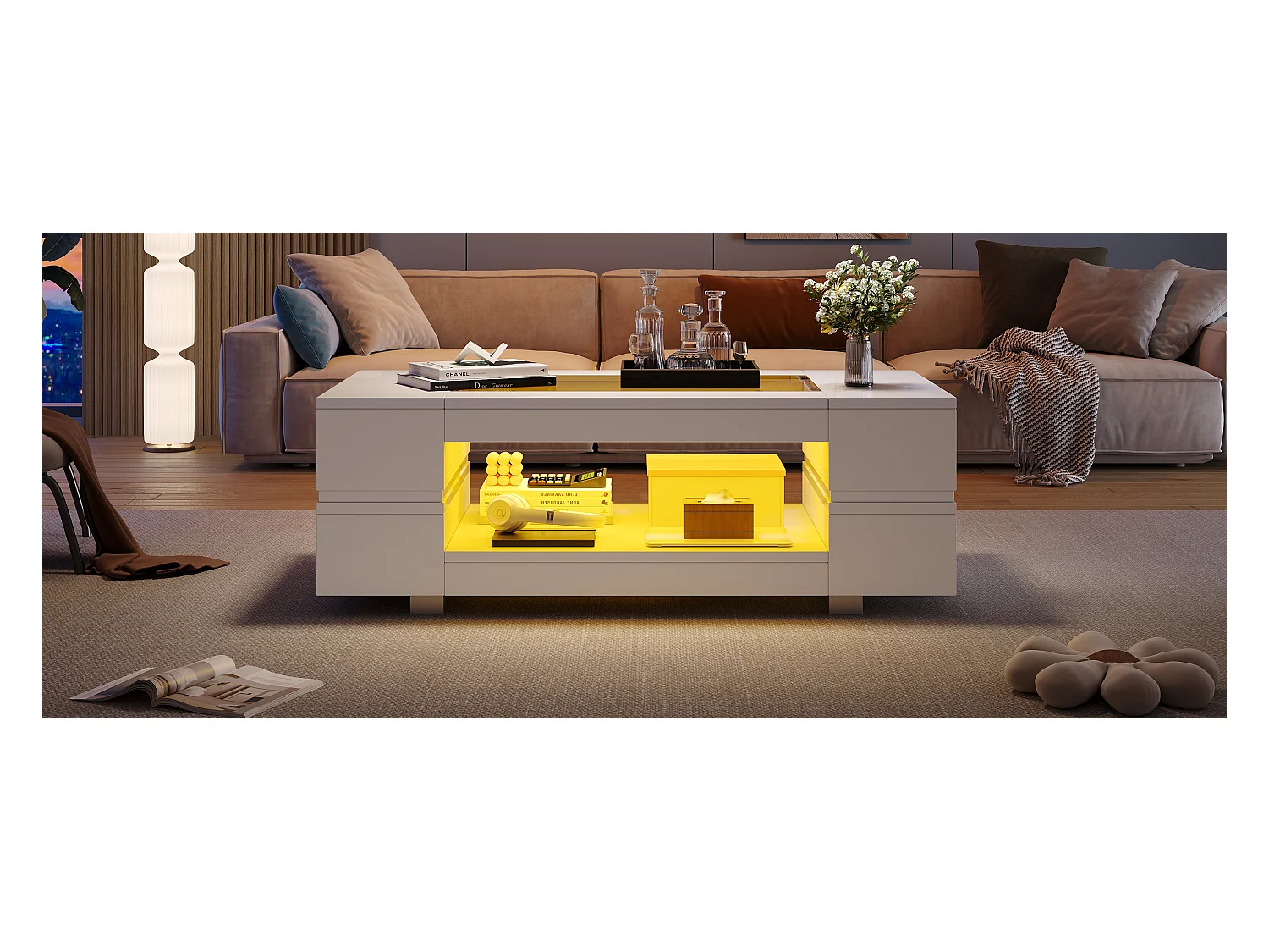 Table basse avec Leds - 100 x 50 x 35 cm - Table à double couche avec Bluetooth - Aggloméré + verre trempé - blanc
