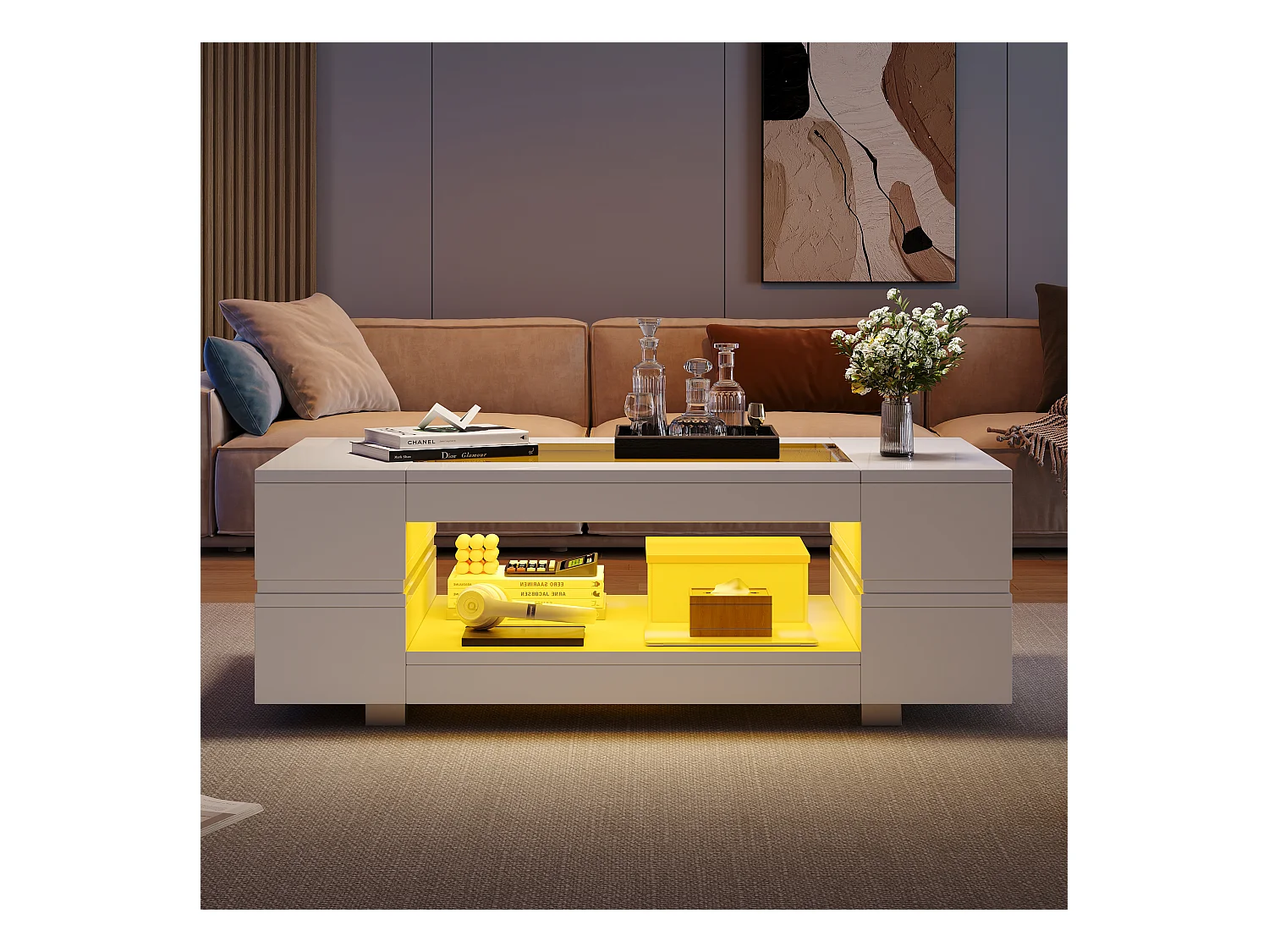 Table basse avec Leds - 100 x 50 x 35 cm - Table à double couche avec Bluetooth - Aggloméré + verre trempé - blanc