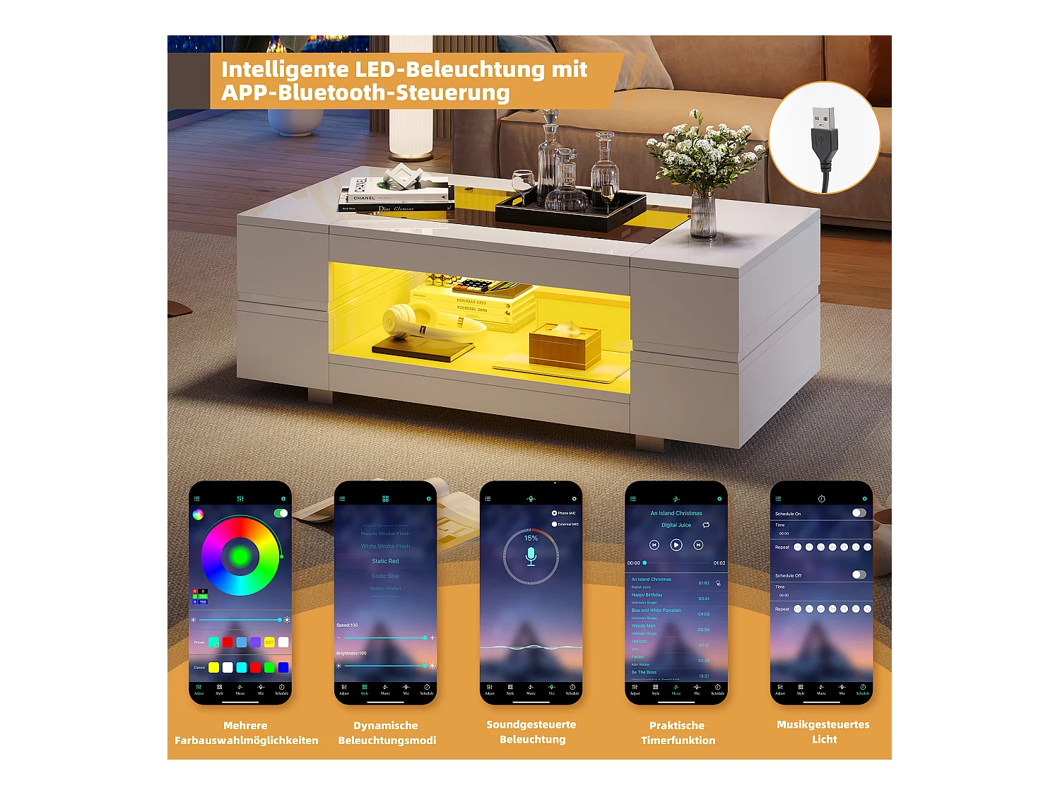 Stolik kawowy z diodami LED - 100 x 50 x 35 cm - Stolik dwuwarstwowy z Bluetooth - Płyta wiórowa + szkło hartowane - biały