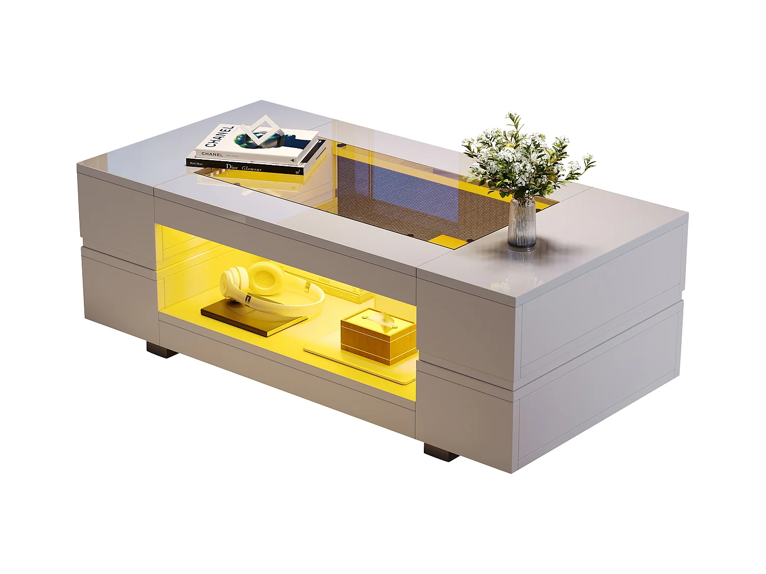 Stolik kawowy z diodami LED - 100 x 50 x 35 cm - Stolik dwuwarstwowy z Bluetooth - Płyta wiórowa + szkło hartowane - biały