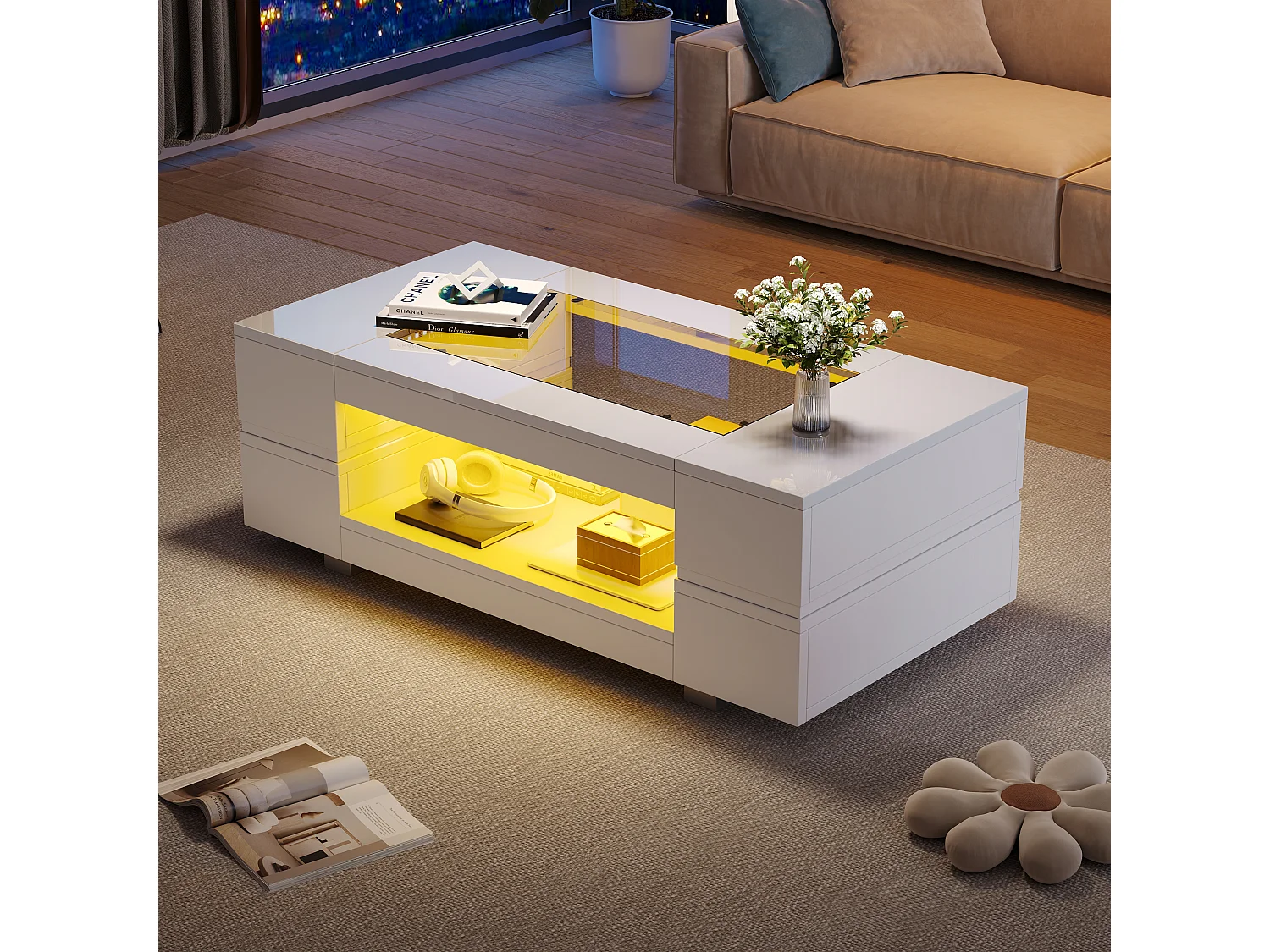Table basse avec Leds - 100 x 50 x 35 cm - Table à double couche avec Bluetooth - Aggloméré + verre trempé - blanc