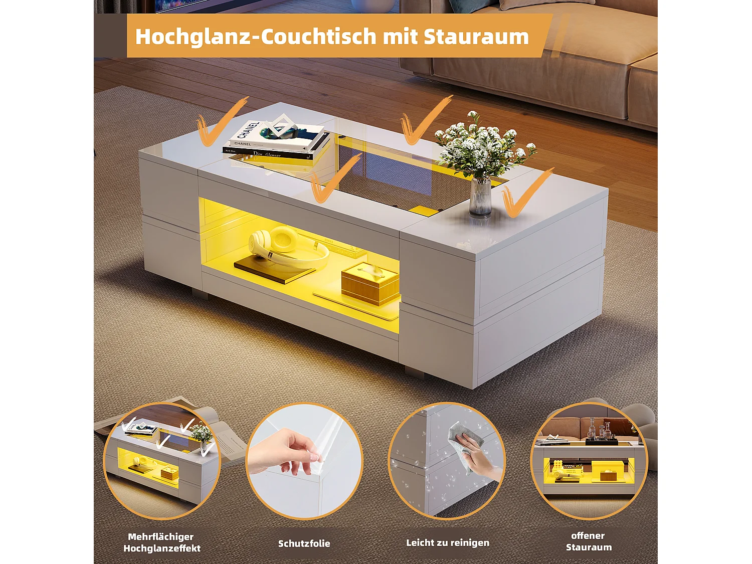 Table basse avec Leds - 100 x 50 x 35 cm - Table à double couche avec Bluetooth - Aggloméré + verre trempé - blanc