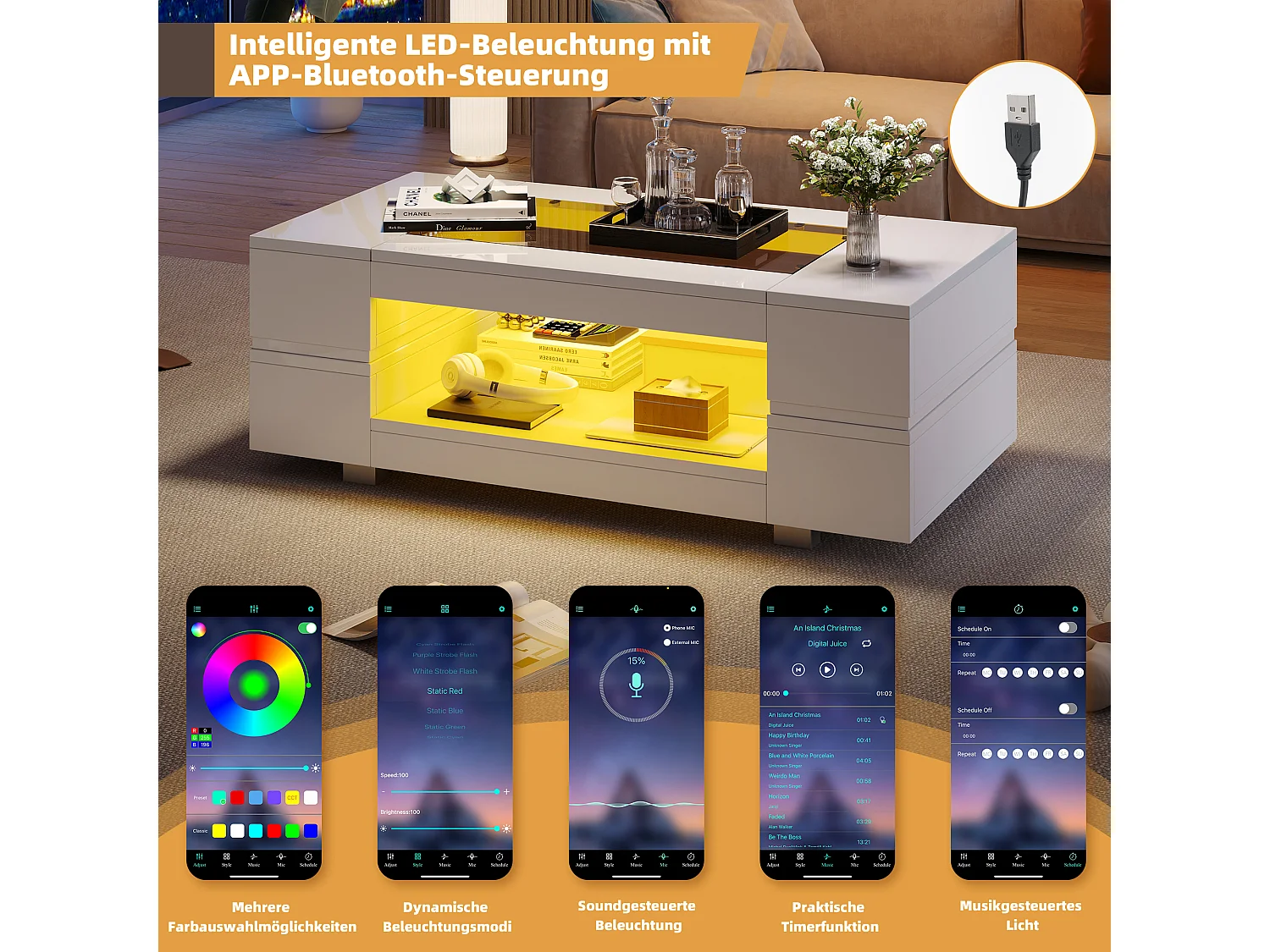 Table basse avec Leds - 100 x 50 x 35 cm - Table à double couche avec Bluetooth - Aggloméré + verre trempé - blanc