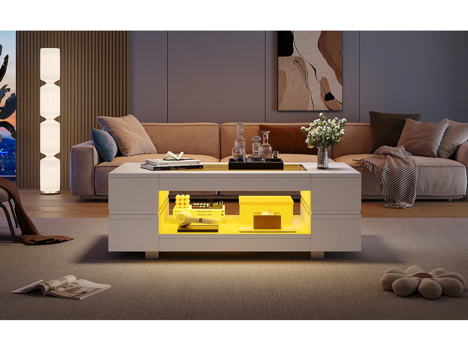Table basse avec Leds - 100 x 50 x 35 cm - Table à double couche avec Bluetooth - Aggloméré + verre trempé - blanc