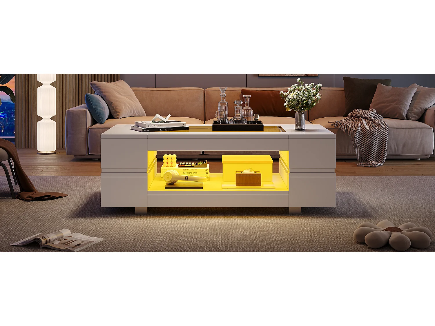 Table basse avec Leds - 100 x 50 x 35 cm - Table à double couche avec Bluetooth - Aggloméré + verre trempé - blanc