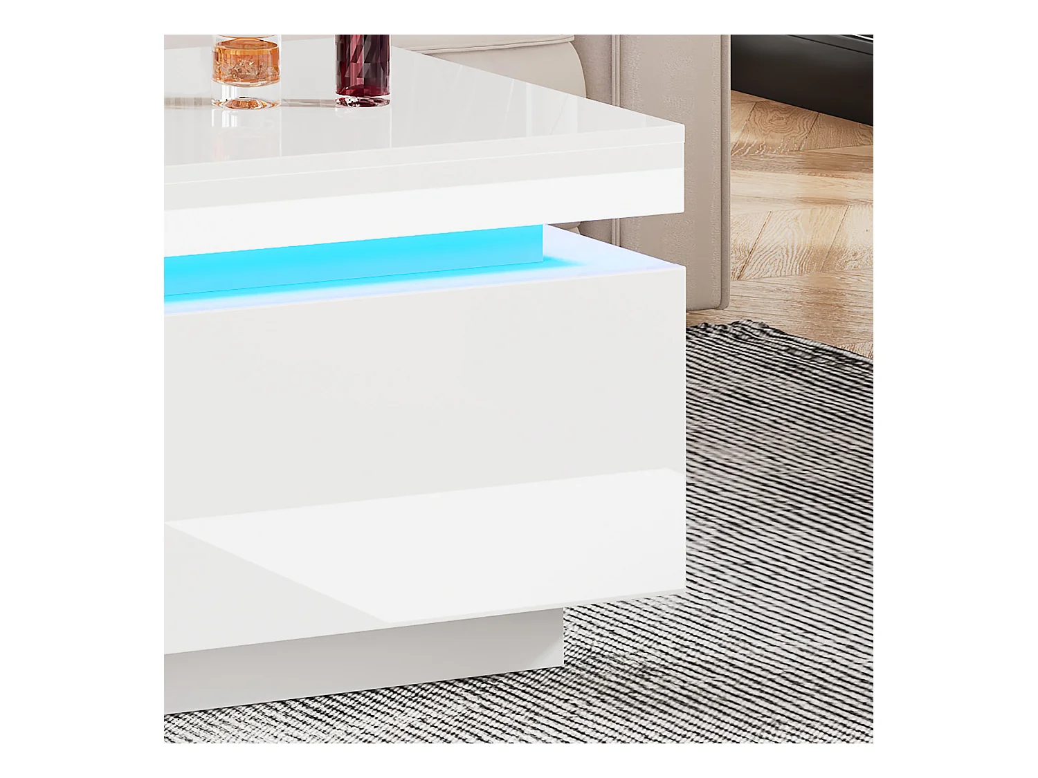 Table basse avec tiroirs 100x50 cm, Éclairage LED Bluetooth, surface blanc laqué
