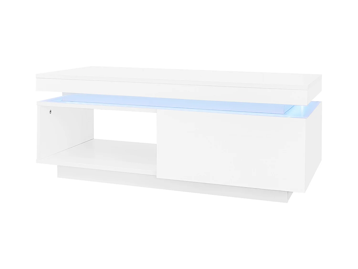 Table basse avec tiroirs 100x50 cm, Éclairage LED Bluetooth, surface blanc laqué