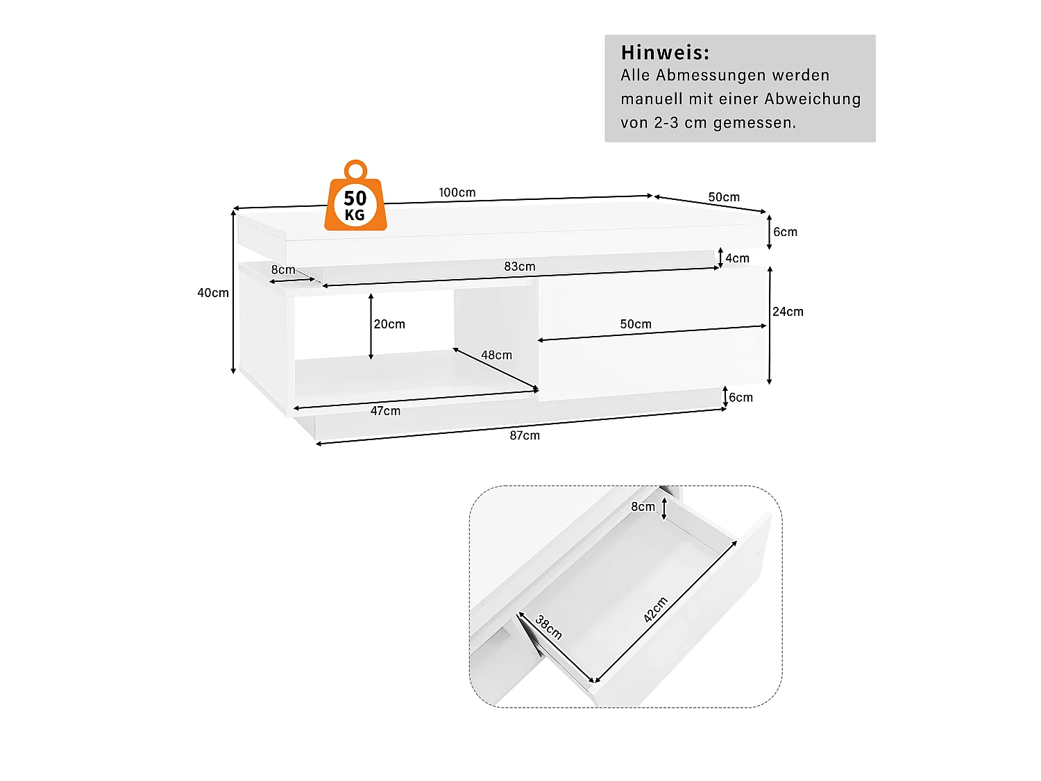 Table basse avec tiroirs 100x50 cm, Éclairage LED Bluetooth, surface blanc laqué