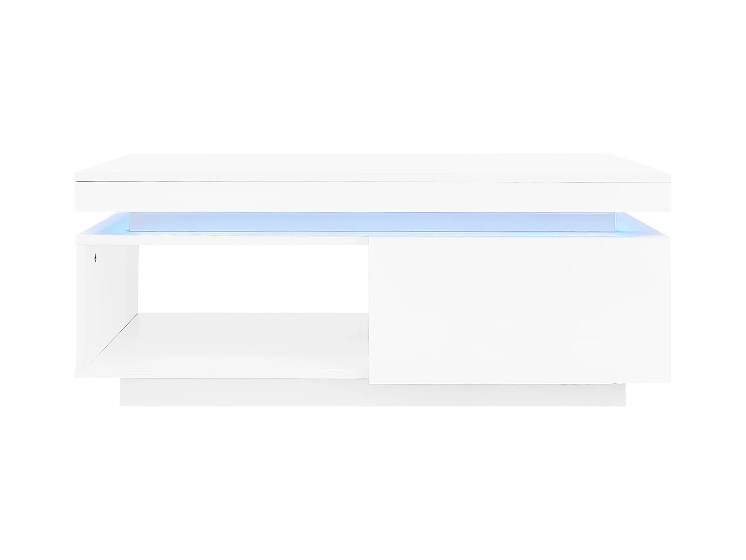 Table basse avec tiroirs 100x50 cm, Éclairage LED Bluetooth, surface blanc laqué