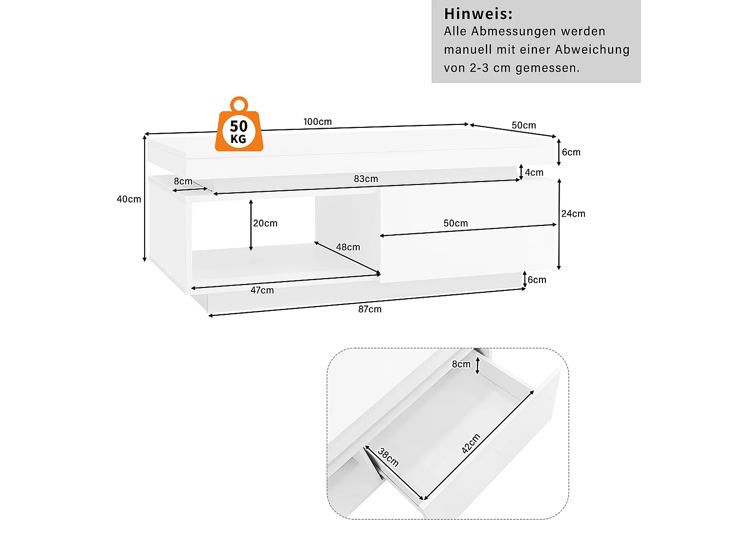 Table basse avec tiroirs 100x50 cm, Éclairage LED Bluetooth, surface blanc laqué