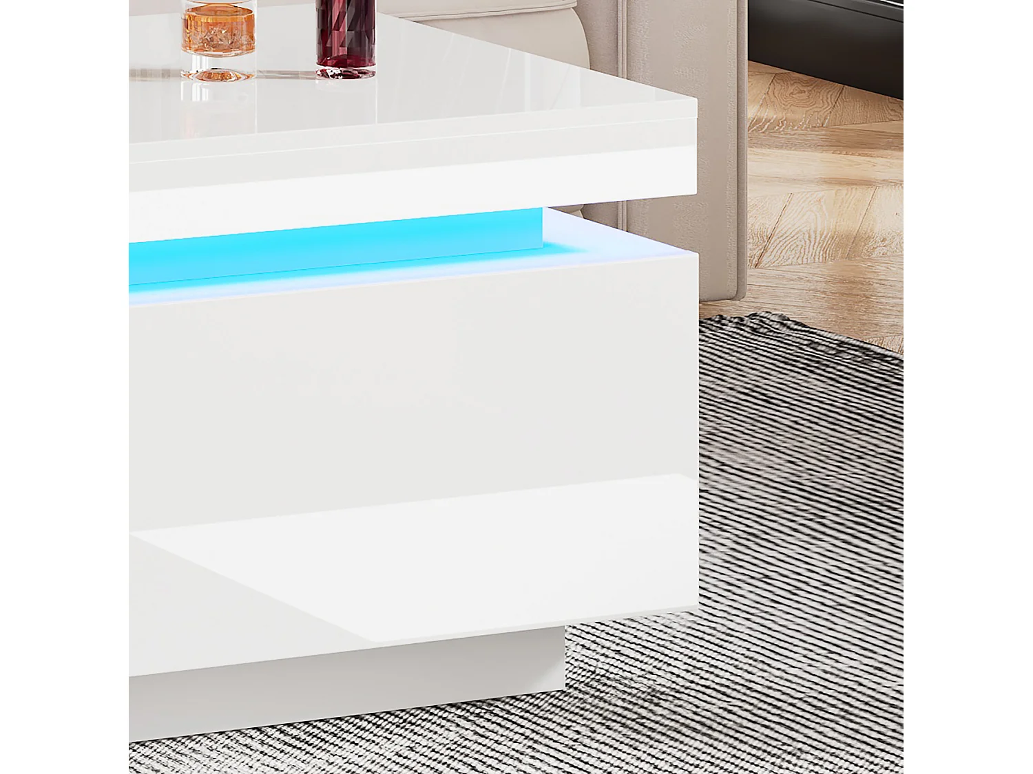 Table basse avec tiroirs 100x50 cm, Éclairage LED Bluetooth, surface blanc laqué